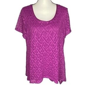 Notations Woman Top Plum Purple Lace Overlay Sheer Short Sleeve Blouse Top Sz 1X